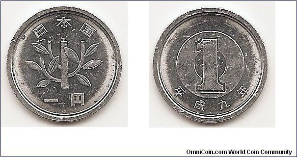 1 Yen - Yr.9 -
Y#95.2
1.0000 g., Aluminum, 20 mm. Ruler: Akihito (Heisei) Obv:
Sprouting branch divides authority and value Rev: Value within
circles above date Edge: Plain