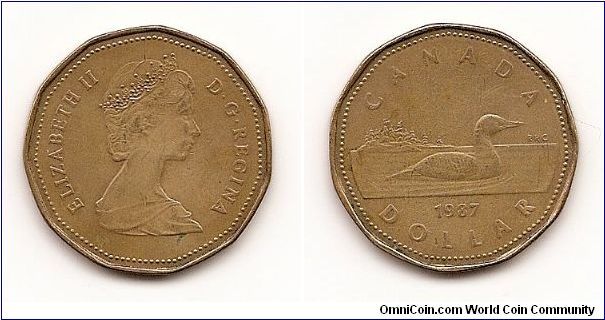 1 Dollar
KM#157
7.0000 g. Comp.: Aureate-Bronze Plated Nickel Ruler:
Elizabeth II Obv.: Young bust right Obv. Des.: Arnold Machin Rev.: Loon right, date and
denomination below Rev. Des.: Robert R. Carmichael Size: 26.5 mm.