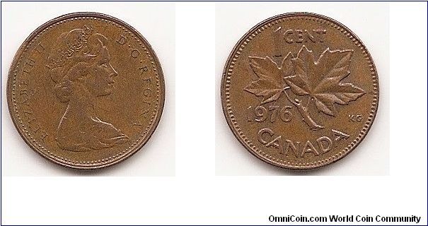 1 Cent
KM#59.1
3.2400 g. Comp.: Bronze Ruler: Elizabeth II Obv.: Queens bust
right Rev.: Maple leaf divides date and denomination Edge: Plain Size: 19.10 mm.