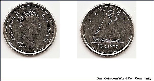 10 Cents
KM#447
Comp.: Nickel Plated Steel Ruler:
Elizabeth II Subject: Elizabeth II Golden Jubilee Obv.: Crowned
head right, Jubilee commemorative dates 1952-2002 Size:
18 mm.