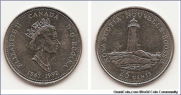 25 Cents
KM#231
5.0300 g. Comp.: Nickel Ruler: Elizabeth II Series: 125th
Anniversary of Confederation Subject: Nova Scotia Obv.: Crowned head right Rev.: Lighthouse,
denomination below Rev. Des.: Bruce Wood Size: 23.8 mm.