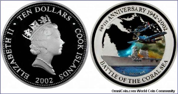 Probably the most attractive colourised coin we have seen, 10 ounce proof silver.
'The central design features a three dimensional, full-colour image of the USS Lexington, depicted against the back of a map of the Coral Sea with an F45F (Wildcat) Fighter and a Douglas TBD-1 Torpedo Bomber above.