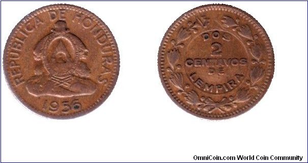 Honduras, 2 centavos, 1956, Bronze.                                                                                                                                                                                                                                                                                                                                                                                                                                                                                 