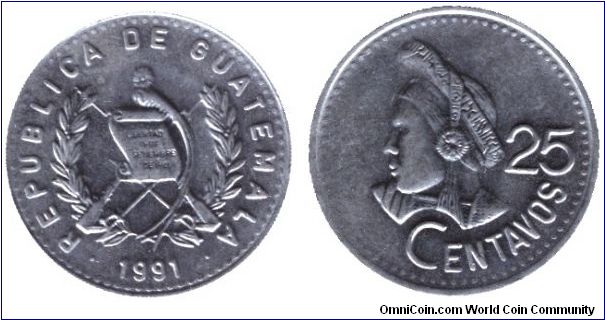 Guatemala, 25 centavos, 1991, Cu-Ni, variant, larger head, different design of coat of arms.                                                                                                                                                                                                                                                                                                                                                                                                                        