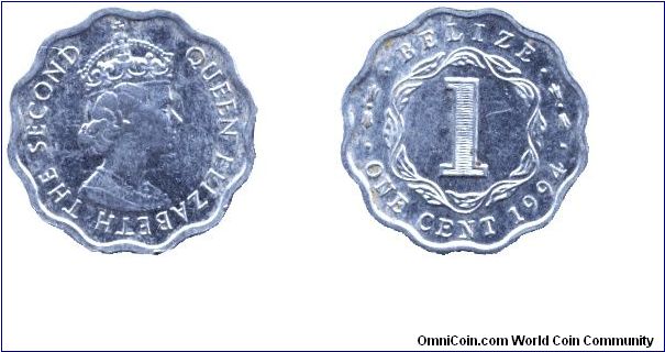 Belize, 1 cent, 1994, Al, Queen Elizabeth II.                                                                                                                                                                                                                                                                                                                                                                                                                                                                       