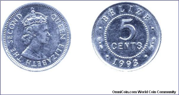 Belize, 5 cents, 1993, Al, Queen Elizabeth II.                                                                                                                                                                                                                                                                                                                                                                                                                                                                      