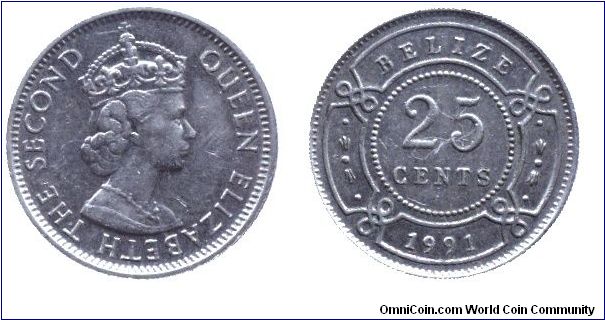 Belize, 25 cents, 1991, Cu-Ni, Queen Elizabeth II.                                                                                                                                                                                                                                                                                                                                                                                                                                                                  
