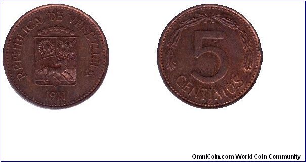 Venezuela, 5 centimos, 1977, Cu-Steel.                                                                                                                                                                                                                                                                                                                                                                                                                                                                              