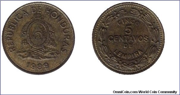 Honduras, 5 centavos, 1989, Brass, variant.                                                                                                                                                                                                                                                                                                                                                                                                                                                                         