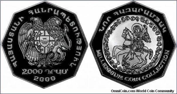 Issued with others countries as the Millennium Masterpiece 
Collection, this Armenian coin is octagonal. The reverse has a coin-within-a-coin effect, having a circular centre with a rendition of a medieval style coin. Armenia, as one of the first nations to embrace Christianity as its state religion has commemorated this historic passage of time by featuring on a special 2000 dram coin a stylised interpretation of St George and the dragon, allegorically  epitomising the triumph over evil.