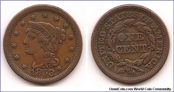 1853 Braided Hair Liberty Large Cent - VF