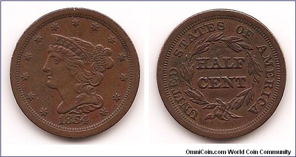 1854 Braided Hair Liberty Half Cent - XF details - some damage - net Fine - mintage: 55,358