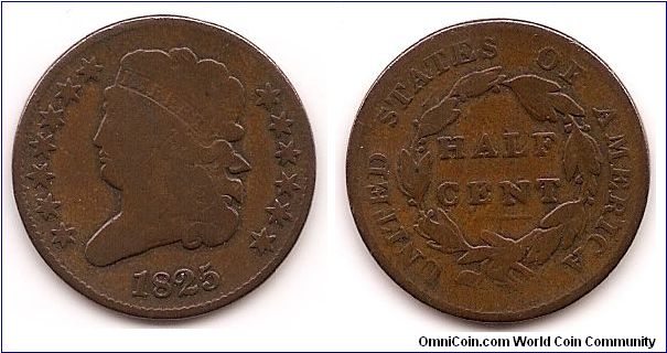 1825 Classic Head Half Cent - G+ - mintage: 63,000