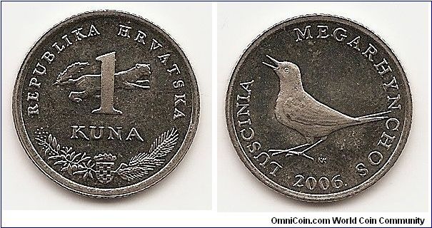 1 Kuna
KM#20.2
5.00 g., Copper-Nickel-Zinc, 22.5 mm. Obv: Marten back of numeral, arms divide branches below Obv. Legend: REPUBLIKA HRVATSKA Rev: Nightingale left, date below Rev. Legend: Correct spelling “LUSCINIA MEGARHYNCHOS” Edge: Reeded