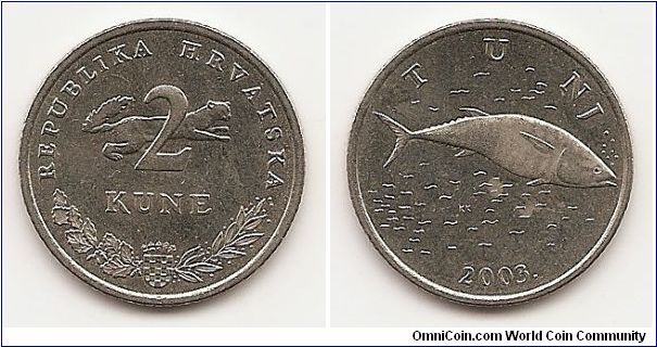 2 Kune
KM#10
6.2000 g., Copper-Nickel, 24.5 mm. Obv: Marten back of
numeral, arms divide branches below Rev: Bluefin tuna right,
date below Designer: Kuzma Kovacic