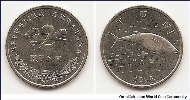 2 Kune
KM#10
6.2000 g., Copper-Nickel, 24.5 mm. Obv: Marten back of
numeral, arms divide branches below Rev: Bluefin tuna right,
date below Designer: Kuzma Kovacic