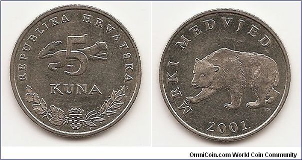 5 Kuna
KM#11
7.5000 g., Copper-Nickel, 26.7 mm. Obv: Marten back of numeral,
arms divide branches below Rev: Brown bear left, date below