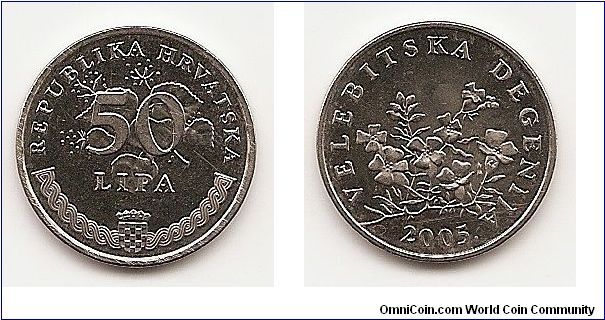 50 Lipa
KM#8
3.6500 g., Nickel Plated Steel, 20.5 mm. Obv: Denomination
above crowned arms on half braid Rev: Flowers, date below
Designer: Kuzma Kovacic