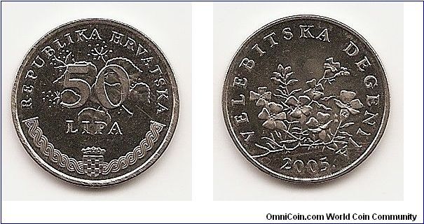 50 Lipa
KM#8
3.6500 g., Nickel Plated Steel, 20.5 mm. Obv: Denomination
above crowned arms on half braid Rev: Flowers, date below
Designer: Kuzma Kovacic