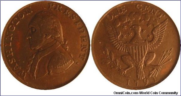 1791 GEORGE WASHINGTON SMALL EAGLE CENT.  NGC AU-55BN.  Deep mahogany color embraces this lightly circulated representative. A few rim bruises below the date are the only marks worthy of note. Overall a wonderfully executed design with the heraldic eagle foreshadowing the coins to come later in the decade.