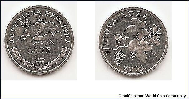 2 Lipe
KM#4
0.9000 g., Aluminum, 18.97 mm. Obv: Denomination above
crowned arms on half braid Rev: Grapevine, date below Edge: Plain