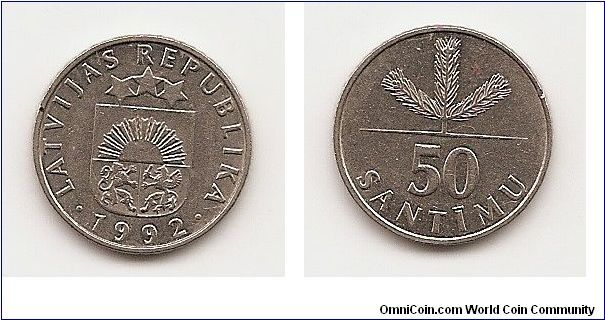 50 Santimu
KM#13
Copper-Nickel Obv: National arms Rev: Triple sprig above value