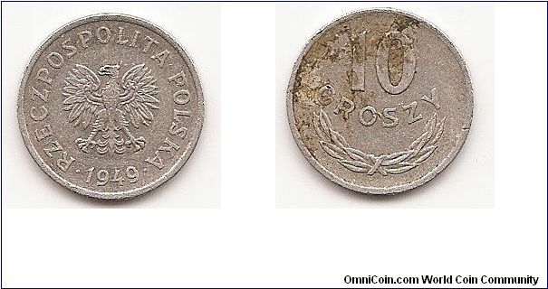 10 Groszy
Y#42a
0.7000 g., Aluminum, 17.6 mm. Obv: Eagle with wings open
Rev: Value above sprig