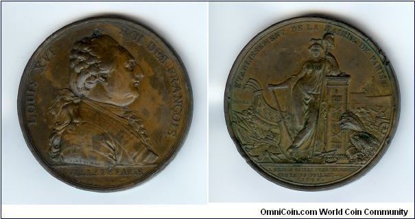 Medal commemorating the election of the first Mayor of Paris, on 15 July 1789.  (Post-1792?) scratches on obv through Louis's neck and text of his title