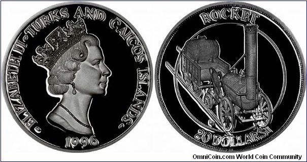 Stephenson's Rocket on reverse of 1996 Turks & Caicos Islands silver proof crown (20 Dollars). Part of a series marketed as 'The Railway Heritage Coin Collection'. Most Turks and Caicos coins are denominated in 'crowns', but these are denominated in dollars. We think the Mint or sponsor may have used the wrong obverses, as their is also a Marshall Islands 1996 Railway series.