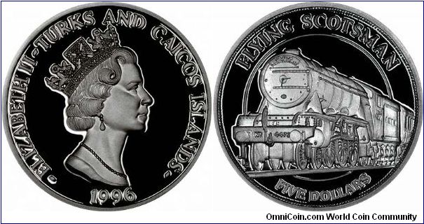 Flying Scotsman locomotive on reverse of 1996 Turks & Caicos Islands silver proof Crown (Five Dollars)