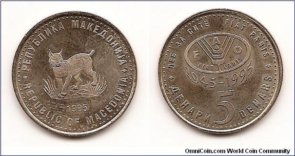 5 Denari
KM#7a
Copper-Nickel-Zinc, 27.5 mm. Series: F.A.O. Obv: European
lynx Rev: Value below F.A.O. logo