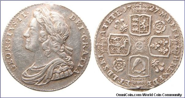 George II Shilling. Roses and plumes.
