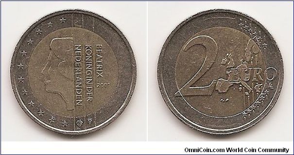 2 Euro
KM#241
8.50 g., Bi-Metallic Nickel-Brass center in Copper-Nickel ring, 25.75 mm. Ruler: Beatrix Obv: Pro¿le left within 1/2 circle and star border, name within vertical lines Rev: Value and map within circle Edge Lettering: GOD * ZIJ * MET * ONS *