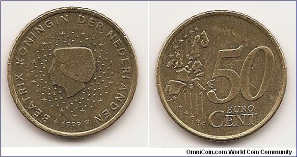 50 Euro cents
KM#239
7.8000 g., Brass, 24.2 mm. Ruler: Beatrix Obv: Head left among
stars Rev: Value and map Edge: Notched