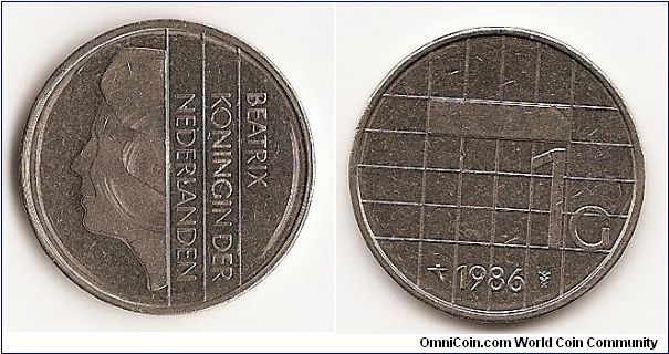 1 Gulden
KM#205
6.0000 g., Nickel, 25 mm. Ruler: Beatrix Obv: Head left with
vertical inscription Rev: Value within vertical and horizontal lines,
GOD * ZIJ * MET * ONS *