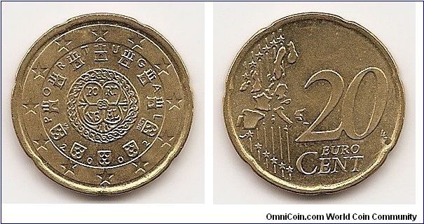 20 Euro cents
KM#744
5.7300 g., Brass, 22.1 mm. Obv: Royal seal of 1142, country
name in circular design Obv. Designer: Vitor Santos Rev: Value
and map Rev. Designer: Luc Luycx Edge: Notched