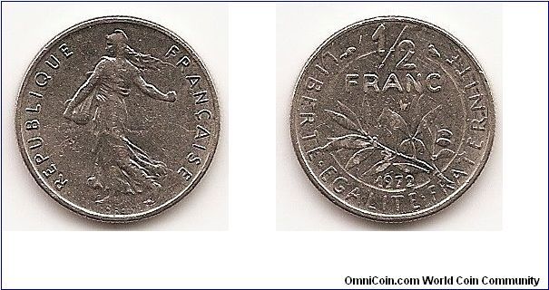 1/2 Franc
KM#931.1
4.5000 g., Nickel, 19.5 mm. Obv: The seed sower Rev: Laurel
divides denomination and date Edge: Reeded Note: Without mint
mark.