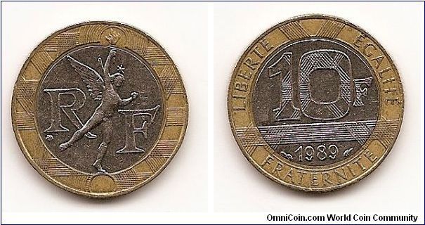 10 Francs
KM#964.1
6.5000 g., Bi-Metallic Steel center in Aluminum-Bronze ring,
23 mm. Subject: Spirit of Bastille Obv: Winged figure divides
RF within circle Rev: Patterned denomination above date within
circle Edge: Plain or Reeded