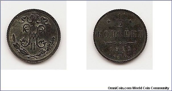 1/2 Kopek
Y#48.1
1.6000 g., Copper, 16 mm. Ruler: Nicholas II Obv: Crowned
monogram above sprays Rev: Value and date Edge: Reeded