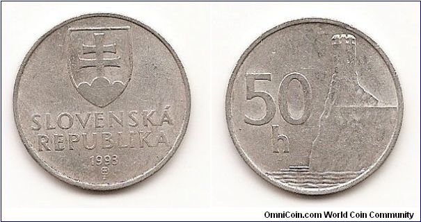 50 Halierov
KM#15
1.2000 g., Aluminum, 22 mm. Obv: Double cross on shield
above inscription Rev: Watch tower and value Edge: Plain