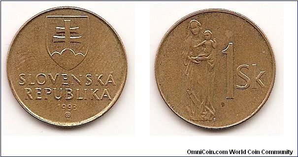 1 Koruna
KM#12
3.8500 g., Bronze Clad Steel, 21 mm. Subject: 15th Century of
Madonna and Child Obv: Double cross on shield above
inscription Rev: Madonna holding child and value Edge: Milled