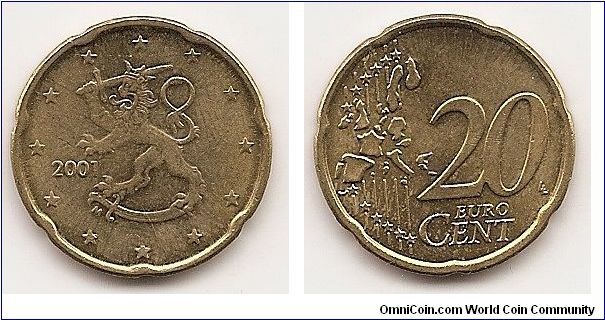 20 Euro cents
KM#102
5.74 g., Brass, 22.25 mm. Obv: Rampant lion left surrounded by stars, date at left Rev: Denomination and map Edge: Notched