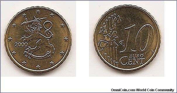 10 Euro cents
KM#101
4.0000 g., Brass, 19.7 mm. Obv: Rampant lion left surrounded
by stars, date at left Rev: Denomination and map Edge: Reeded
