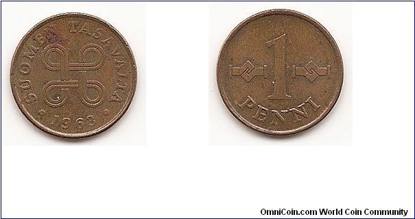 1 Penni
KM#44
1.6000 g., Copper, 15.8 mm. Obv: Four joined loops form
design, date below Rev: Grasped hands flank denomination