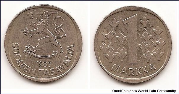 1 Markka
KM#49a
6.1000 g., Copper-Nickel, 24 mm. Obv: Rampant lion left, date
below Rev: Denomination flanked by stylized fir trees, SUOMI
FINLAND