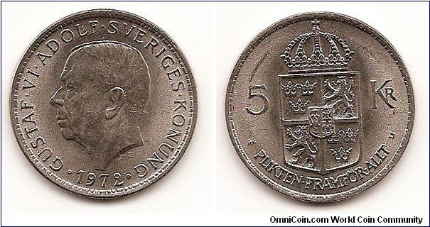 5 Kronor
KM#846
Copper-Nickel Clad Nickel Ruler: Gustaf VI Obv: Head left Rev:
Crowned shield divides value