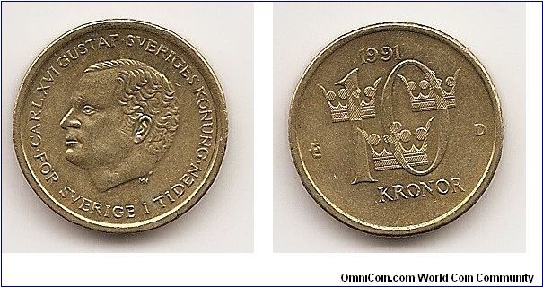 10 Kronor
KM#877
6.6700 g., Copper-Aluminum-Zinc, 20.46 mm. Ruler:
Carl XVI Gustaf Obv: Head left Rev: Three crowns within value