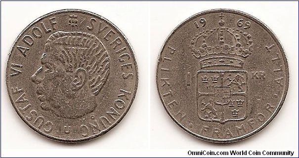 1 Krona
KM#826a
7.0000 g., Copper-Nickel Clad Copper, 25 mm. Ruler: Gustaf VI
Obv: Head left Rev: Crowned shield divides value