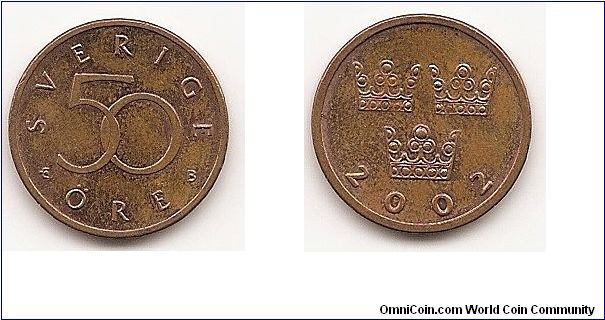 50 Ore
KM#878
3.7000 g., Bronze, 18.7 mm. Ruler: Carl XVI Gustaf Obv: Value
Rev: Three crowns and date Edge: Reeded