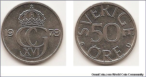 50 Ore
KM#855
4.5000 g., Copper-Nickel, 22 mm. Ruler: Carl XVI Gustaf Obv:
Crowned monogram divides date Rev: Value Edge: Plain